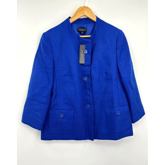 Talbots Linen Button Blazer 3/4 Sleeve Jacket Royal Blue Size 12 NEW - Picture 1 of 8